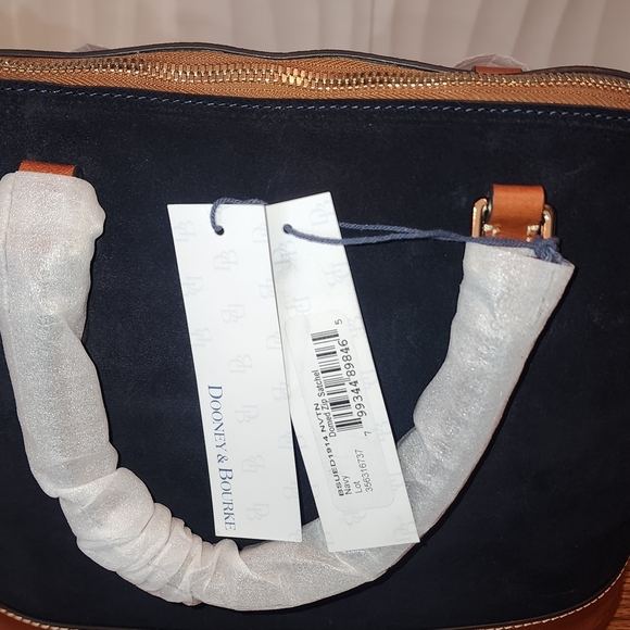 NWT** DOONEY & BOURKE - Dome Zip Satchel, Navy Suede and Tan Leather - Picture 9 of 10
